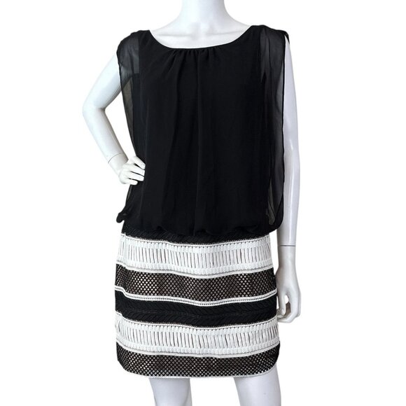 Aidan Aidan Mattox Chiffon Striped Cocktail Mini Dress Black White Ivory Size 6 - Picture 1 of 14